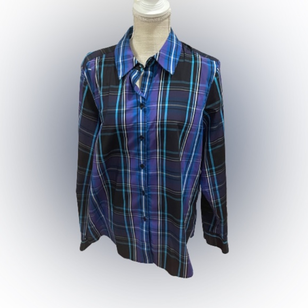 Foxcroft Wrinkle Free Button Down Tunic Black Plaid Size 16 Shaped 100% Cotton